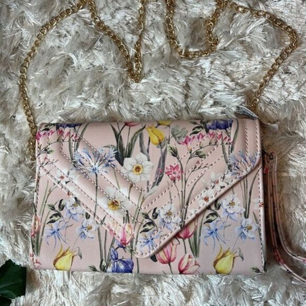 Aldo Convertible Crossbody Wristlet Pink Background Floral Satchel Style